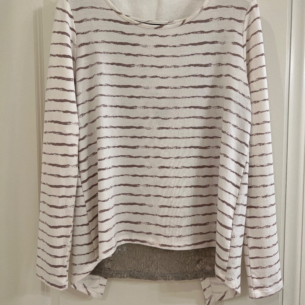 Tart Women's Crossover Back Exposed Lace Striped High Low Top Tunic--Size Medium